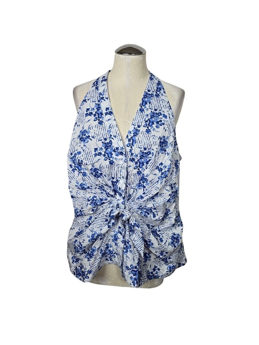 Kari Blue Curvy V Neck Floral Button Down Front Knot Keyhole Tank Top 14W